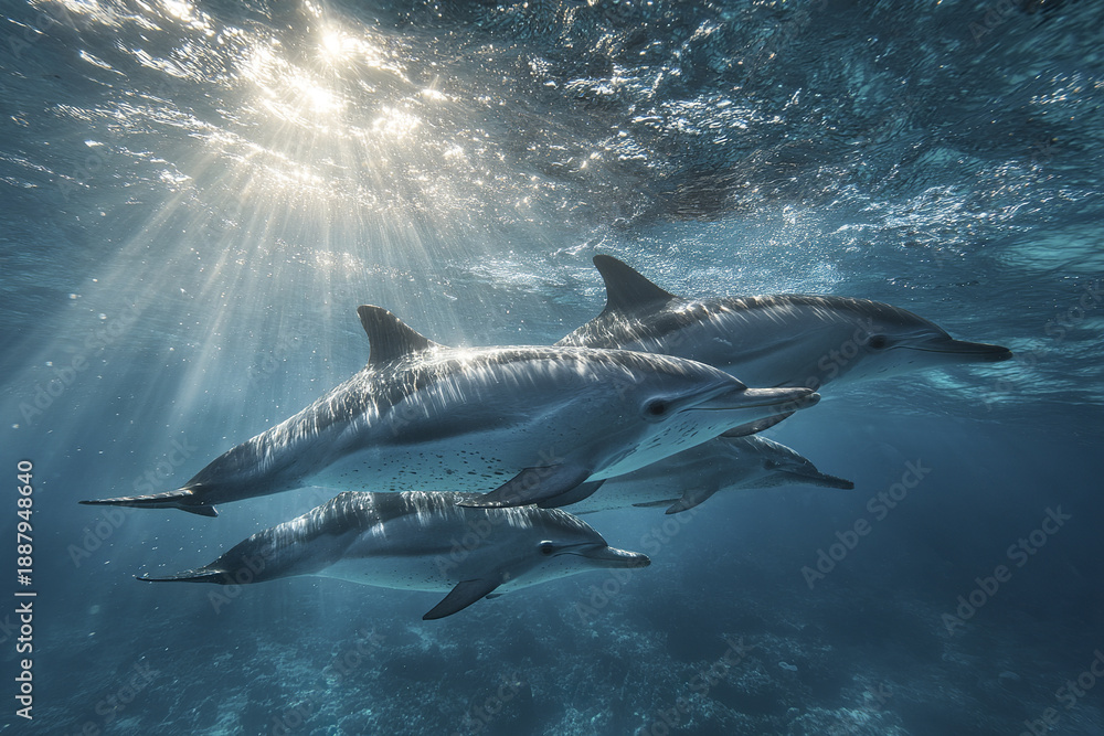 Fototapeta premium Pod of dolphins swimming underwater with sunlight rays shimmering through surface, creating peaceful and natural ocean scene full of marine life and movement