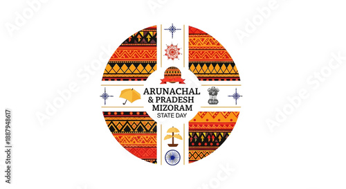 Illustrative logo design celebrating Arunachal Pradesh and Mizoram State Day in India with colorful symbols and icons.