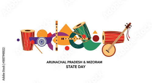 Illustration of traditional Indian musical instruments and symbols celebrating Arunachal Pradesh and Mizoram State Day in a vibrant, colorful graphic design on a white background.