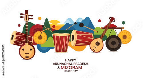 Colorful illustrations of musical instruments and symbols celebrating Arunachal Pradesh and Mizoram State Day in India with kids, featuring a vibrant and festive mood.