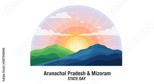 Illustration of a vibrant mountain landscape with sun setting behind, symbolizing Arunachal Pradesh & Mizoram State Day in India, featuring iconic elements and kids, against a clean white