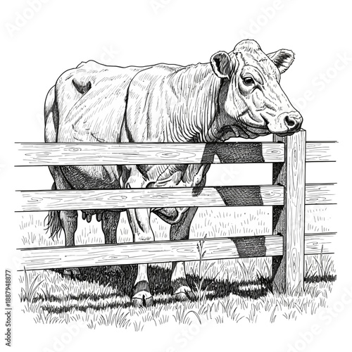 Detailed Realistic Pencil Sketch of an Aged Cow Standing Behind a Wooden Fence in a Lush Grass Field.png