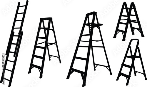 Set of ladder silhouettes including step and extension ladders, construction and maintenance equipment collection, safety tools isolated on white background illustration vector design