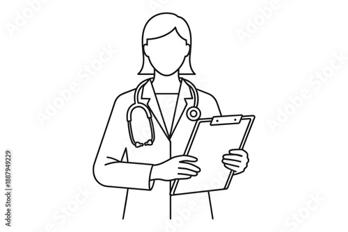 Minimalist line art illustration of a female doctor holding a clipboard and stethoscope, representing healthcare, medical professions, and patient care concepts. Simple graphic design