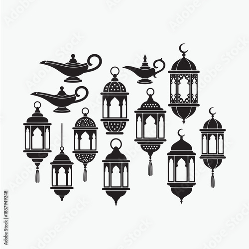 Vector vintage lantern set isolated on white. Classic antique light. Ancient retro lamp design. Traditional silhouette. Old graphic object design. Elegant collection.