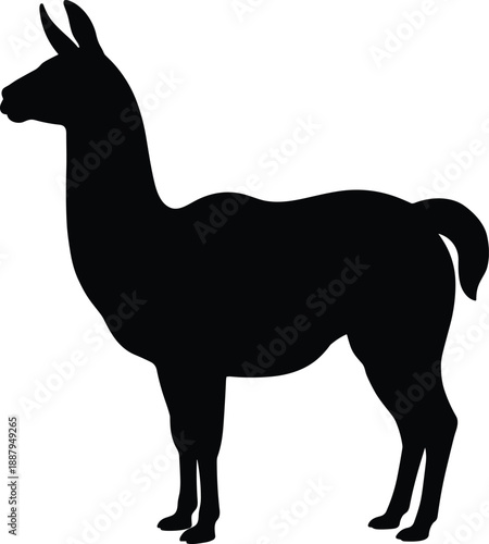 Llama silhouette illustration showing domestic South American farm animal profile, black animal icon for agriculture, wildlife, nature, and livestock design isolated on white background