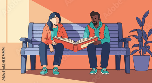 Diverse couple reading a book together on a park bench, enjoying a quiet moment outdoors