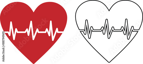 Red and black heart with heartbeat line icon set on white background. Medical ECG pulse symbol representing health, cardiology, love and life monitoring. Minimal flat vector illustration. 