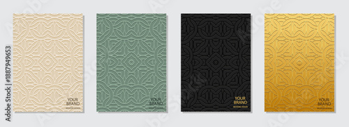 A set of covers, vertical templates. A collection of geometric backgrounds with tribal patterns. Mandalas, arabesques, logos. Embossed 3D ornaments. Ethnicity, traditions of the East, Asia, India