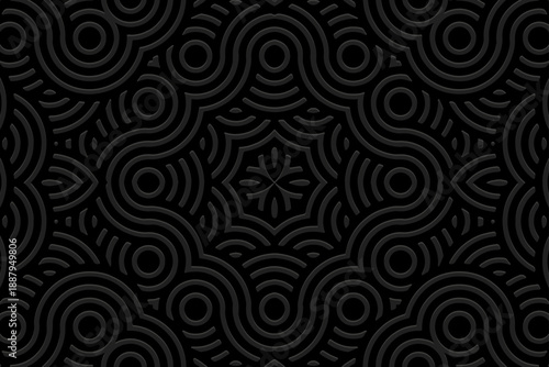 Tribal black background, banner, cover design, mural. Geometric embossed pattern. Ornamental motifs of the East, Asia, India, Mexico, Aztec, and Peru. Ethnic and folk traditions.