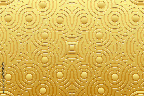 Gold background, banner, tribal cover design, mural. Geometric embossed gold pattern. Ornaments of the East, Asia, India, Mexico, Aztec, Peru. Ethnic and folk traditions.