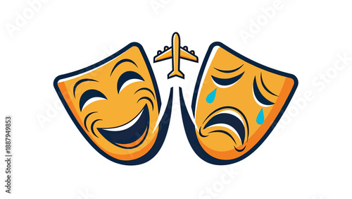 Vector illustration of comedy and tragedy masks with a plane soaring between them