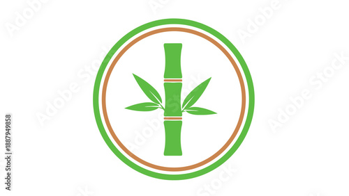 Green bamboo stalk with leaves in a brown-edged, green circle on white background