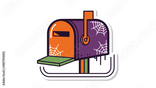 A Halloween-themed mailbox with orange front, purple body, spiderwebs, and a green shelf