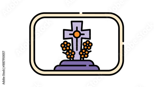 A vector illustration depicts a tombstone with flowers in a framed, rounded rectangle