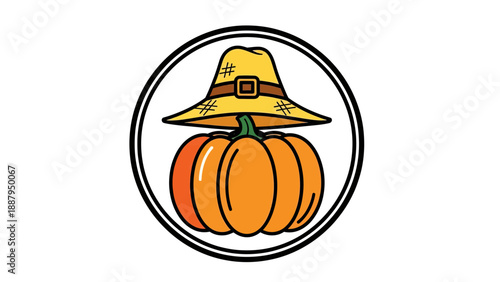 A pumpkin with a pilgrim hat inside a black circle on white background