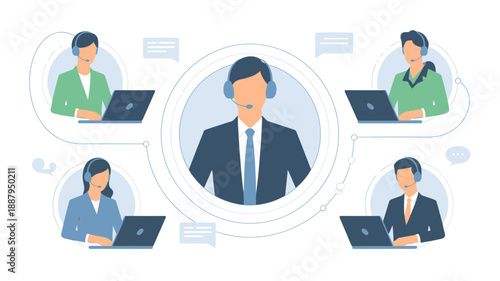 Business team working remotely with customer support representative in a call center environment with headsets and laptops connected for communication