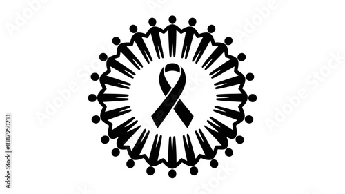 Black awareness ribbon surrounded by diverse people forming a circle on symbolizing support and solidarity