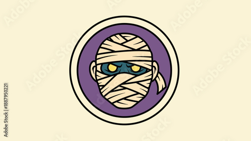 Cartoon mummy head with glowing eyes in a circular design