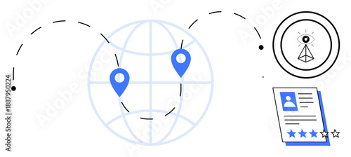 Globe with location points, profile page, and eye within pyramid. Ideal for networking, global communication, job search, profile management, security data sharing recruitment. Simple flat metaphor