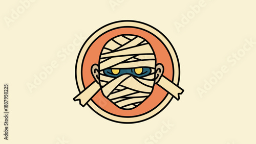A stylized mummy face encircled with a band, on a tan background