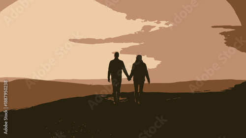 Silhouette of a loving couple holding hands on a hill at sunset with a beautiful cloudy sky