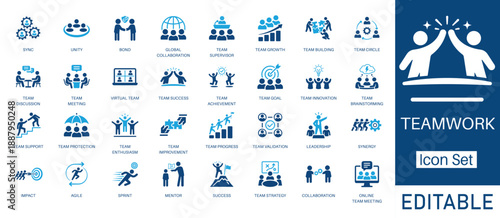 Teamwork and Business Collaboration solid icon set. Includes symbols for Team Building, Global Collaboration, Virtual Team, and Agile. Solid vector icons for leadership and synergy.