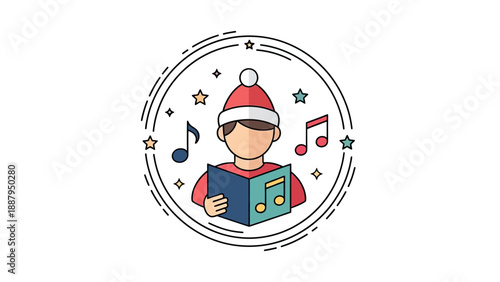 A person in a Santa hat, reading music, surrounded by musical notes and stars