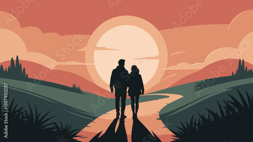 Couple walking together on a serene pathway towards sunset in a peaceful landscape with rolling hills and vibrant sky