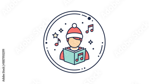 A circular illustration of a person singing carols, surrounded by stars and music notes