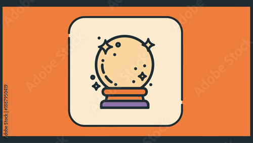 A rounded design featuring a stylized crystal ball with stars on an orange background
