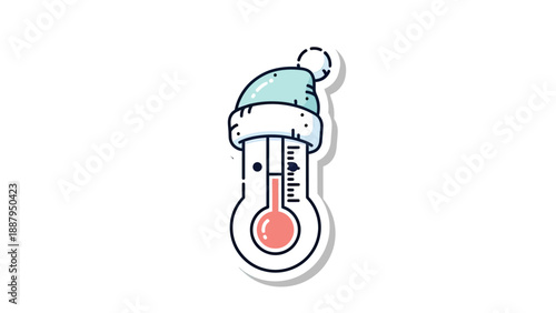 Illustration of a thermometer wearing a winter hat, with a high temperature reading, white background