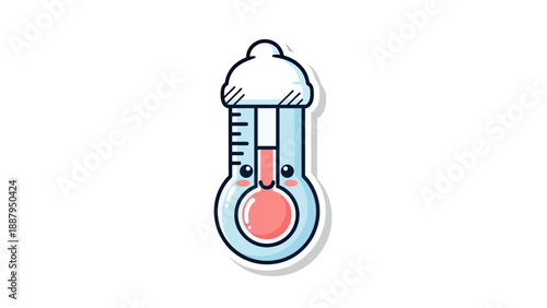 Cute cartoon thermometer with smiling face, red bulb, and temperature scale. Isolated on white