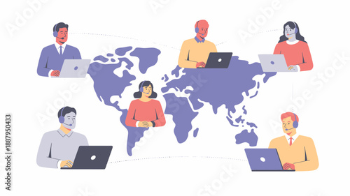 Illustration of diverse people working remotely around the world with laptops and a purple map