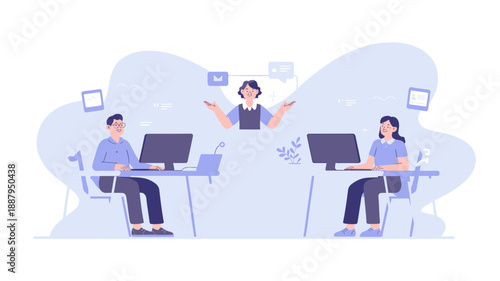 Illustration of three coworkers collaborating and communicating in an office setting with computers and speech bubbles