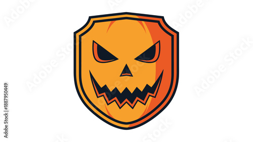 A grinning jack-o'-lantern face, a stylized design in an orange and black shield shape
