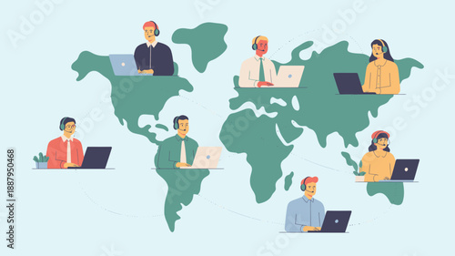 Illustration of people working remotely with laptops around the world map in a modern style