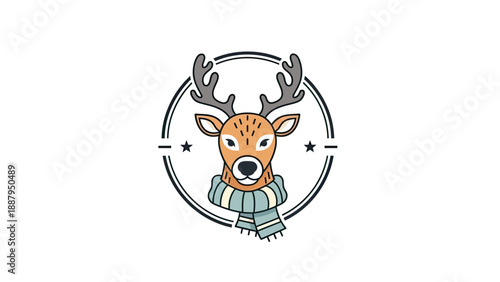 A stylized deer head wearing a scarf, enclosed in a circle with stars and a line design