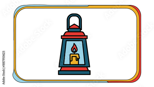 A vibrant, outlined lantern with a lit candle, framed by a colorful, rounded rectangle