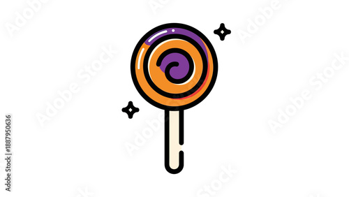 Colorful lollipop with a spiral design, adorned with star accents, on a white background