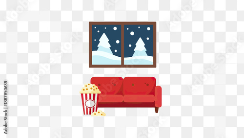 A winter scene with a window overlooking snow, a red couch, and a popcorn bucket
