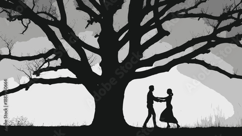 Silhouette of a man and woman dancing under a bare tree on a gray background with clouds
