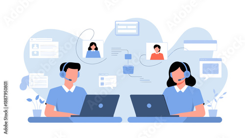 Two customer service representatives working with laptops and headsets in a call center environment with cloud icons