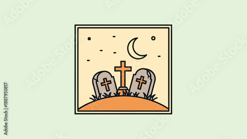 Flat illustration of a cemetery scene inside a square with crosses, headstones, and a crescent moon