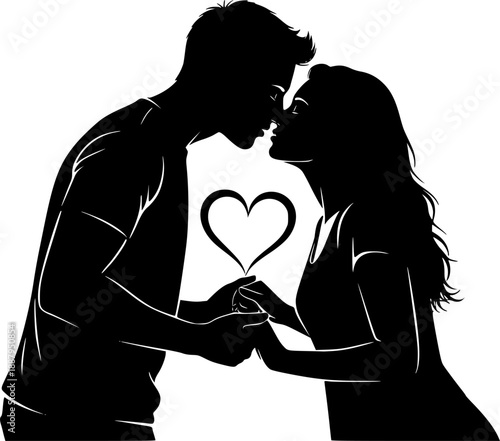 Romantic couple silhouettes in love, man and woman holding hands, hugging and kissing, black and white vector illustration for valentine and relationship concepts.
