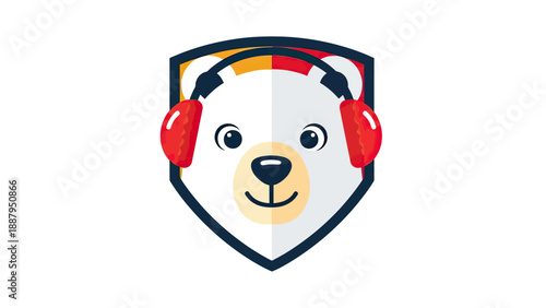 A cheerful polar bear wearing red earmuffs within a shield-shaped frame