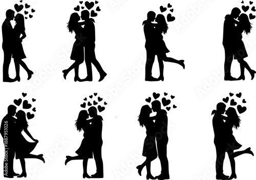 A set of romantic dancing couple silhouette icon. Valentines Day vector isolated on transparent background.
