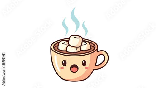 Cute animated cup of cocoa with marshmallows and steam, expressive face on white background