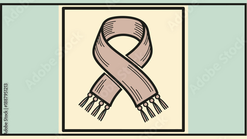 Beige scarf with tassels and black outlining centered on light beige with aqua framing