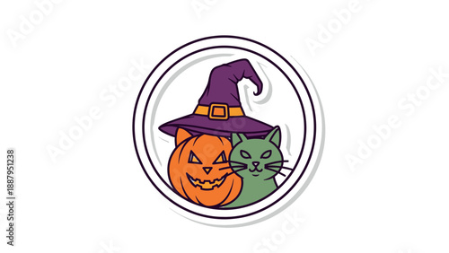 Halloween design with a witch hat, carved pumpkin, and a cat, all within a circle